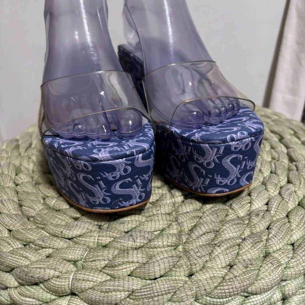 Sooki La La The Rocky La La Clear Slip On Blue Logo Platform Wedge Sandals